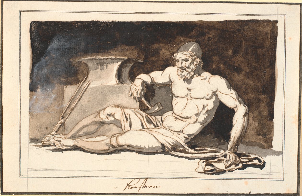 Um Vulcano reclinado, junto à bigorna. Alegoria das artes de Nicolai Abildgaard