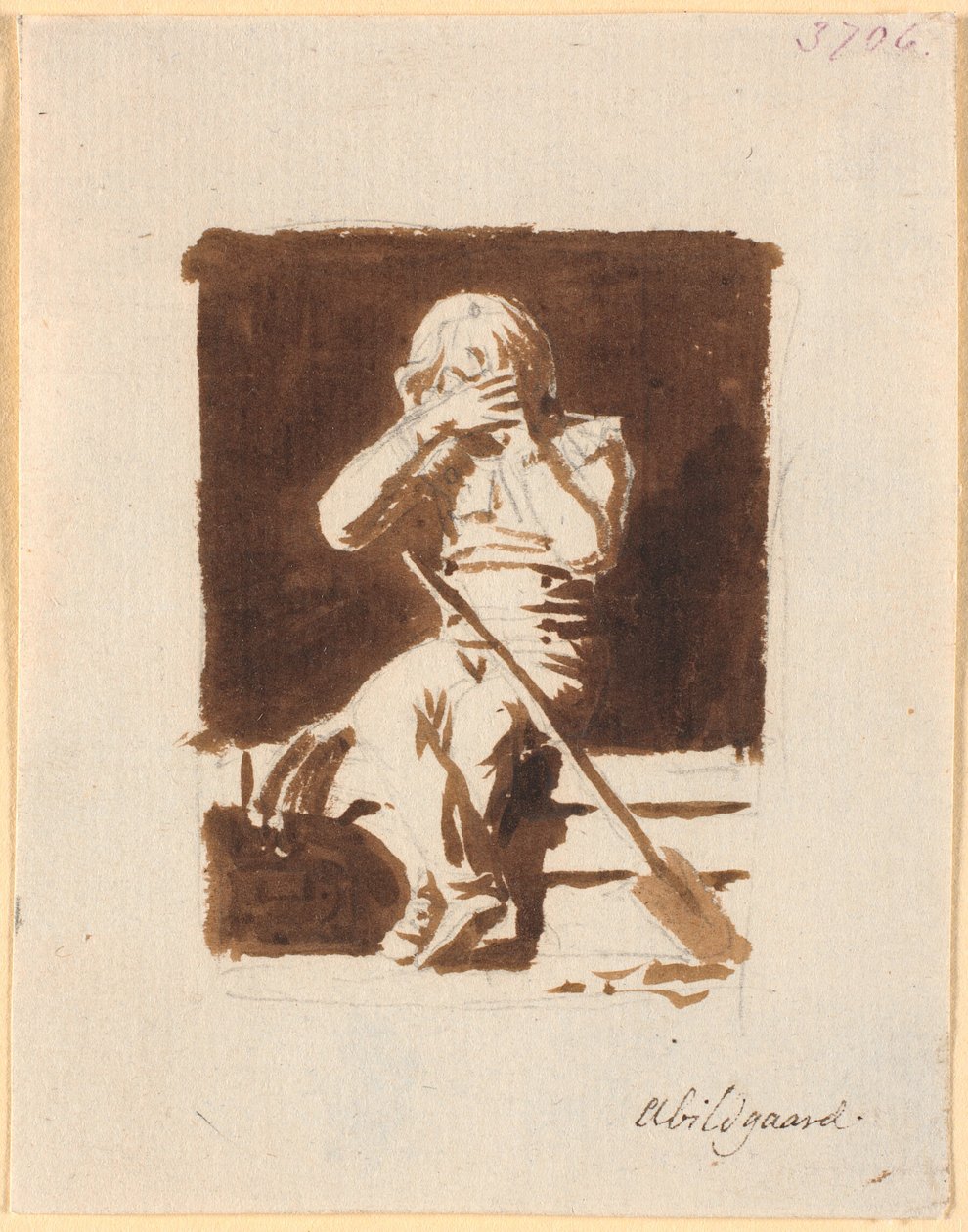 Um garotinho chorando, sentado com uma pá ou um remo, na beira de um barco (?) de Nicolai Abildgaard