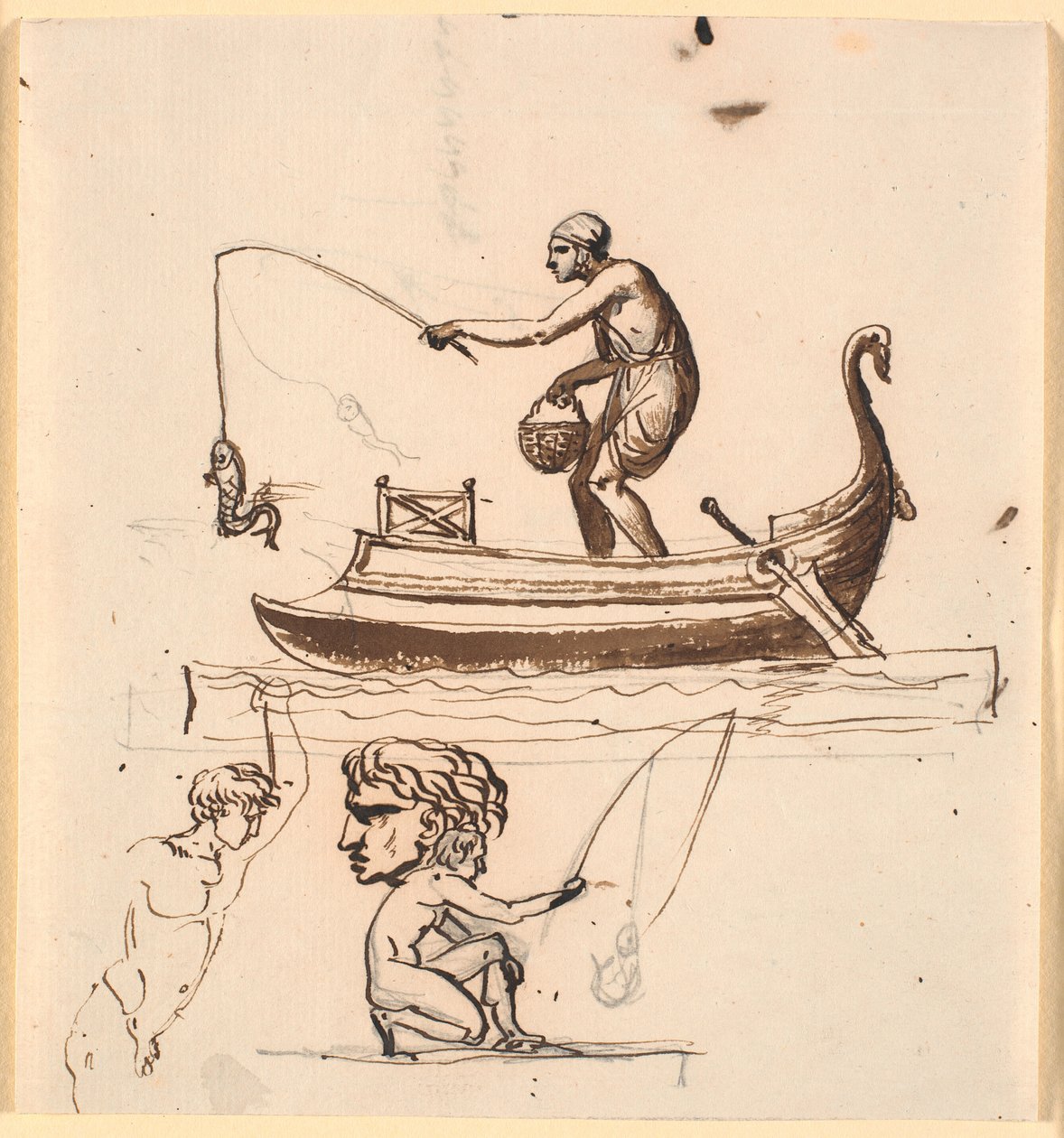 Um homem em um barco, levantando um peixe em uma linha. Abaixo um rascunho de um pescador, uma cabeça e um homem nu de Nicolai Abildgaard