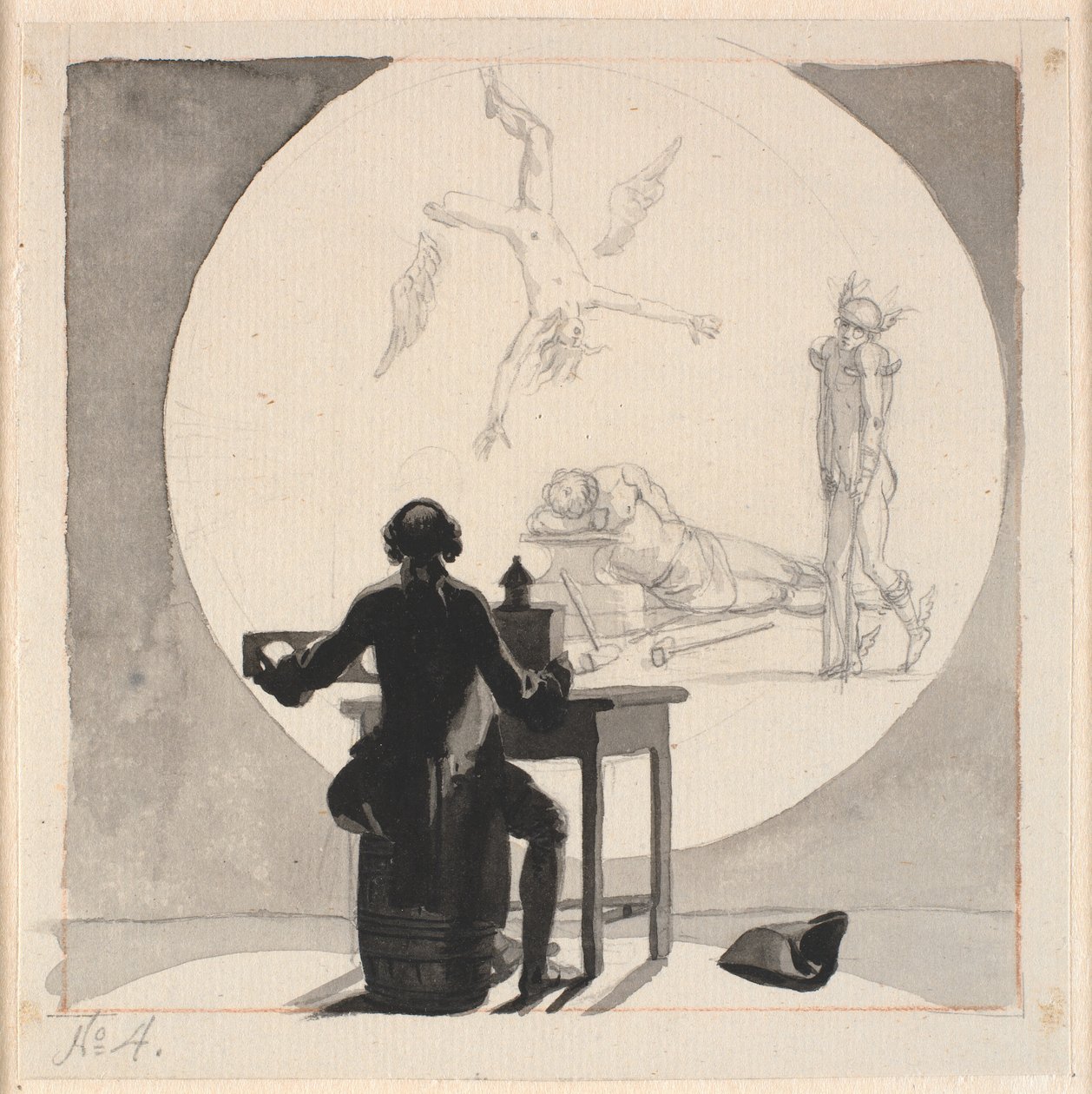 Um homem com uma laterna magica mostra uma imagem do declínio do comércio e do ofício - o Mercúrio coxo, o Vulcano adormecido etc. de Nicolai Abildgaard