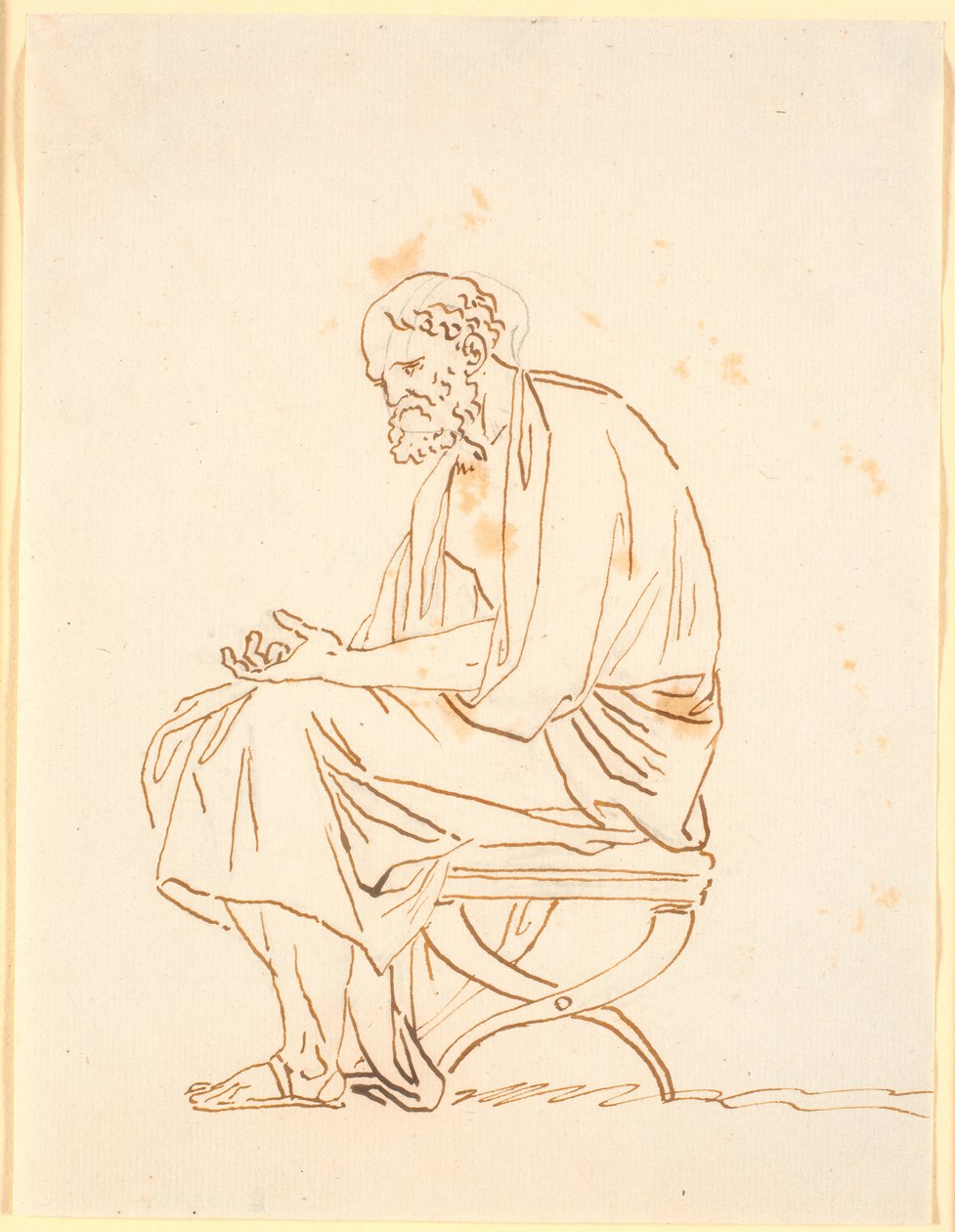 Um velho em traje antigo, sentado em um banquinho, de perfil c.v. de Nicolai Abildgaard