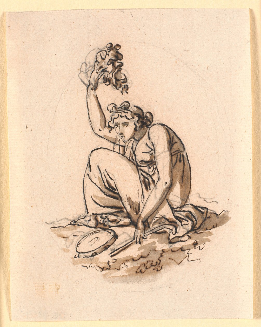 Uma mulher sentada levantando uma máscara bem acima da cabeça de Nicolai Abildgaard
