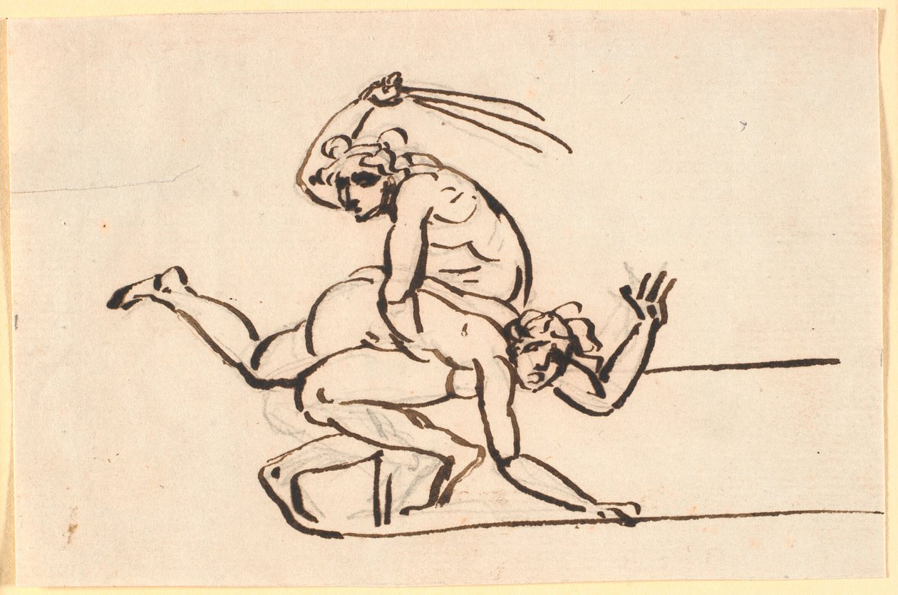 Uma figura nua sentada balançando arroz nas costas de uma mulher nua de Nicolai Abildgaard