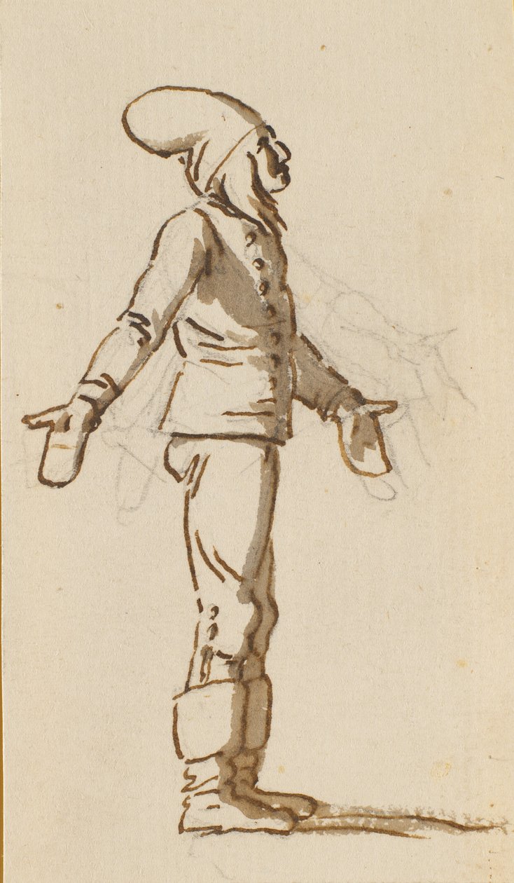 Um menino de pé com um grande chapéu na cabeça e luvas nas mãos estendidas de Nicolai Abildgaard