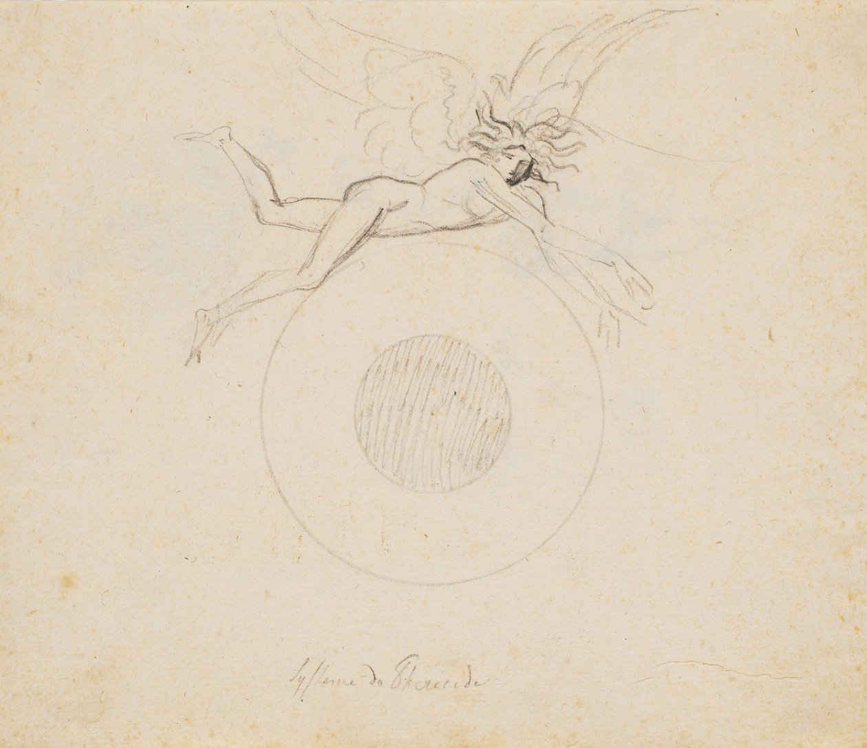 Um gênio alado, pairando sobre um globo, indicado por um par de arcos circulares de Nicolai Abildgaard
