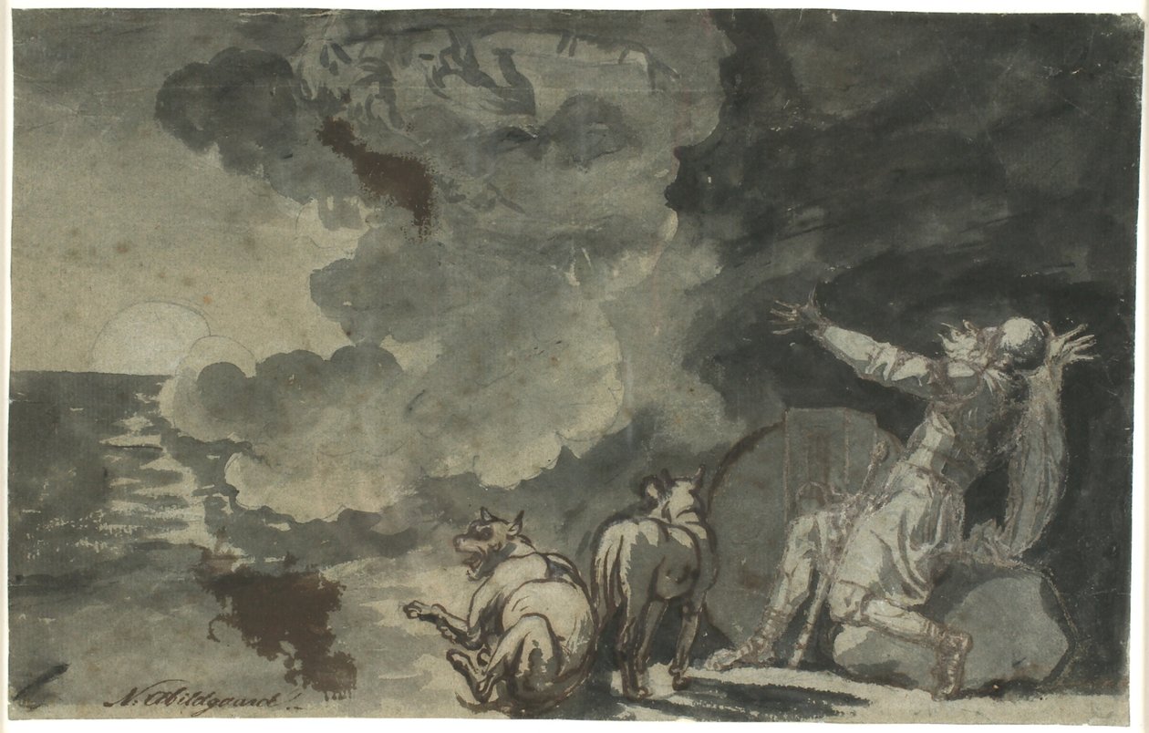 Fingal vê os espíritos de seus ancestrais ao luar. Cena de Ossian de Nicolai Abildgaard