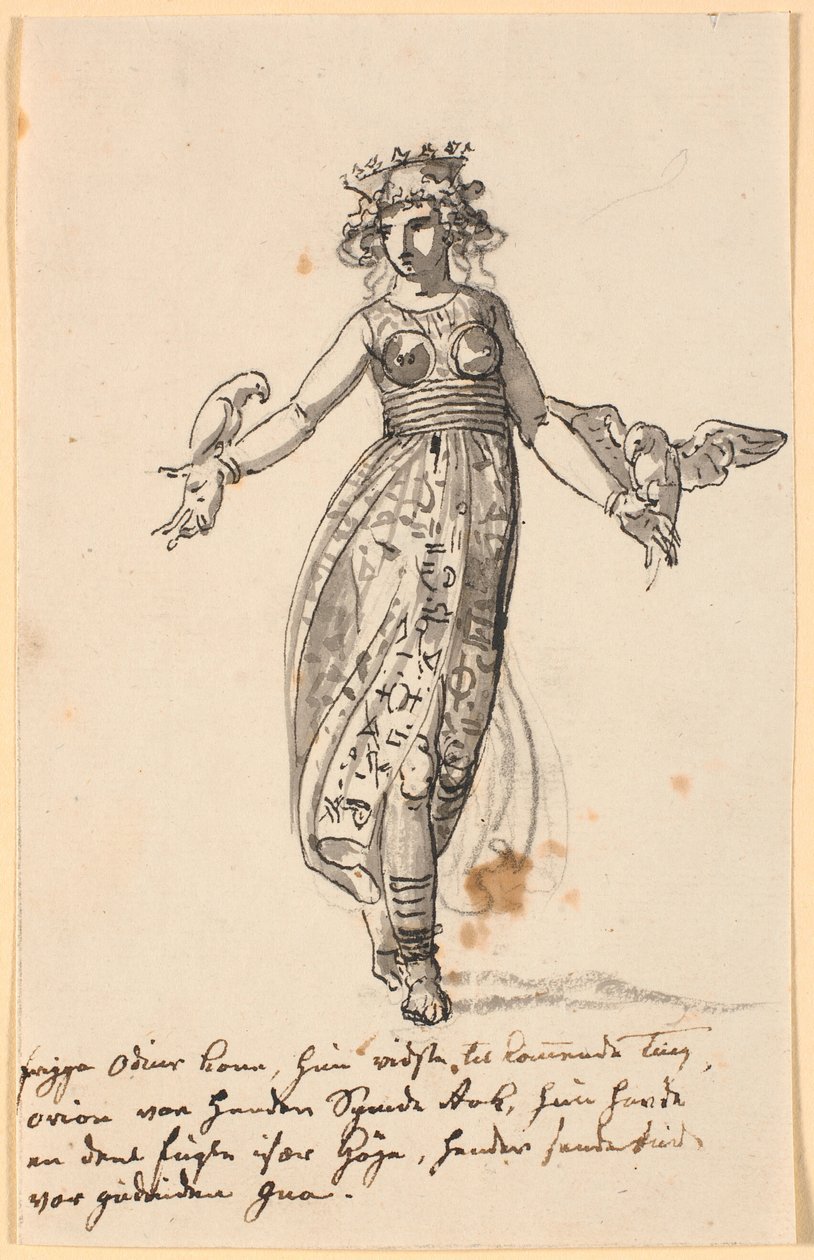 Frigga, andando, com um par de falcões nos braços estendidos. Bem como algumas linhas de notas do artista de Nicolai Abildgaard