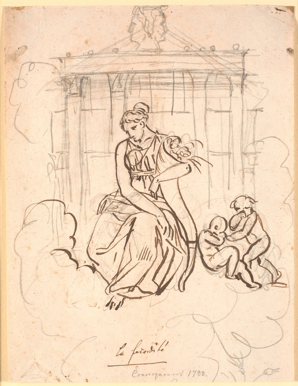 A deusa da fertilidade, sentada em frente ao Templo de Janus com um casal de crianças brincalhonas (pequenas) de Nicolai Abildgaard