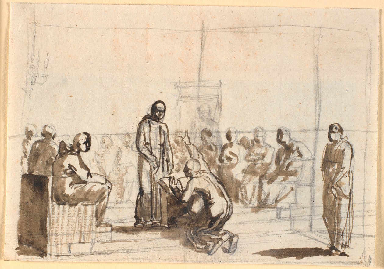 Galileu abjurando seus "delírios" perante a corte dos monges de Nicolai Abildgaard