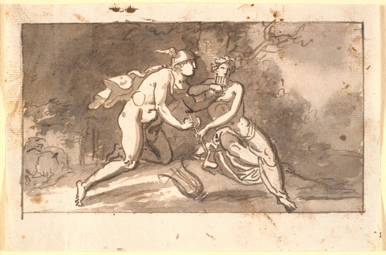 Hermes ensina um jovem (Apolo?) a tocar flauta de Nicolai Abildgaard