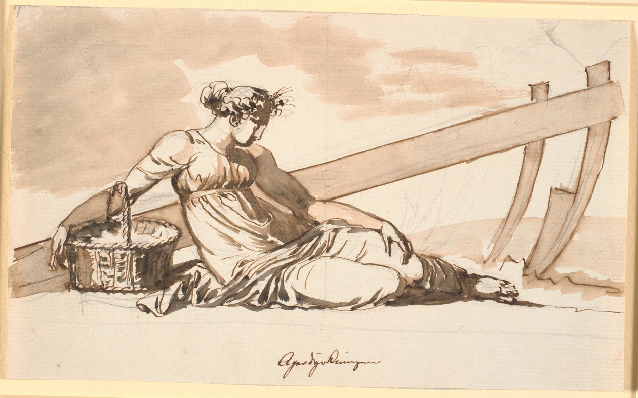Mulher descansando na frente de um arado. Alegoria do cultivo arvense de Nicolai Abildgaard