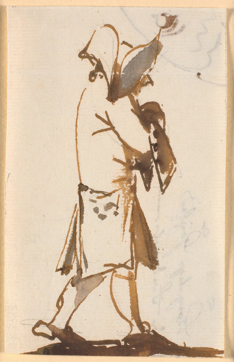 Caricatura de um homem ambulante com um chapéu triangular, em perfil t.h. de Nicolai Abildgaard