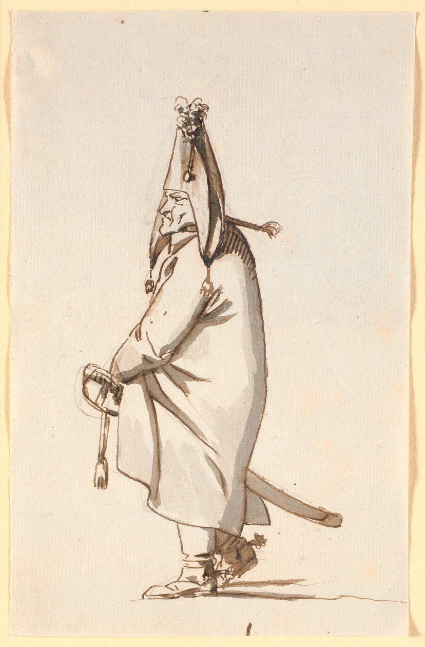 Caricatura de uma figura militar em um longo manto, montando seu sabre como um faz-tudo de Nicolai Abildgaard