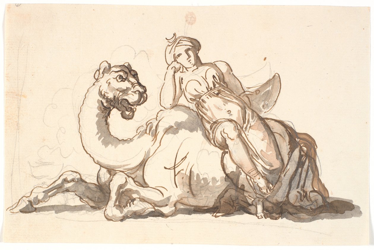 Figura feminina com turbante e lua crescente, sentada encostada a um fantástico camelo. Alegoria da Ásia de Nicolai Abildgaard