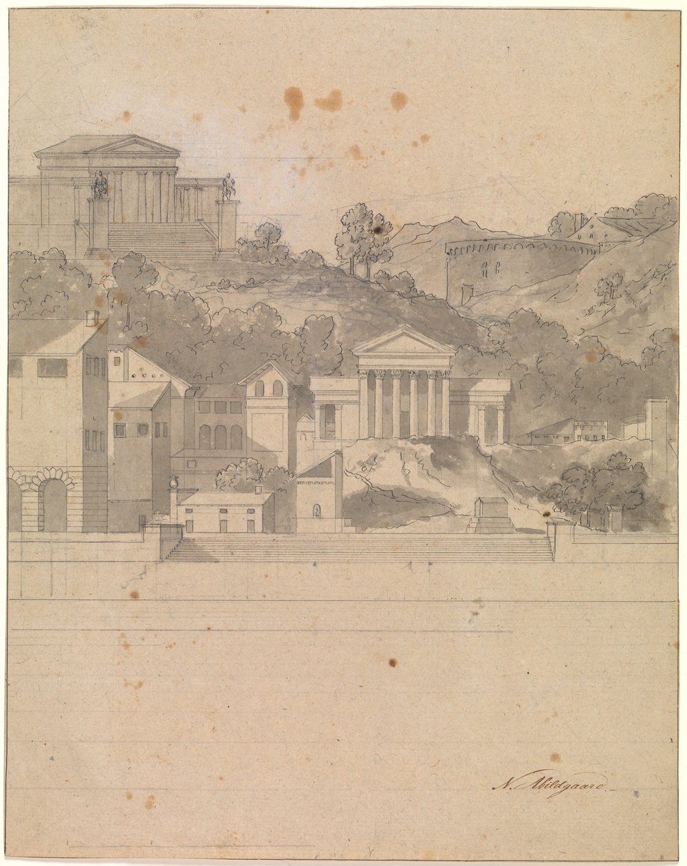Paisagem com edifícios antigos. Rascunho de decoração de Nicolai Abildgaard