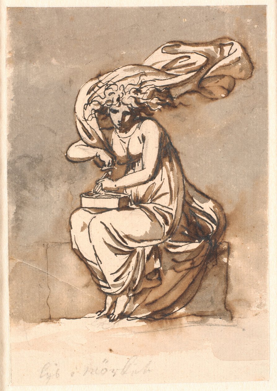 Luz no escuro. Mulher sentada em traje antigo segurando ferramentas para roupas de fogo no colo de Nicolai Abildgaard