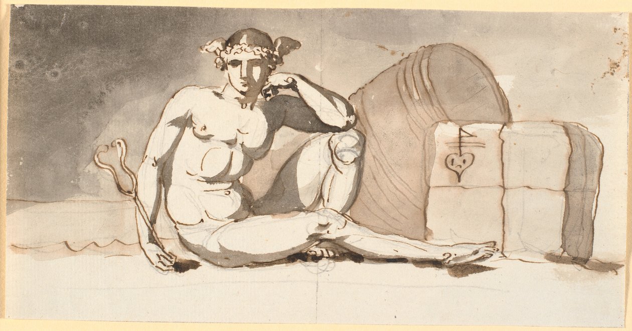 Mercúrio, sentado por fardos de mercadorias. Alegoria do comércio de Nicolai Abildgaard
