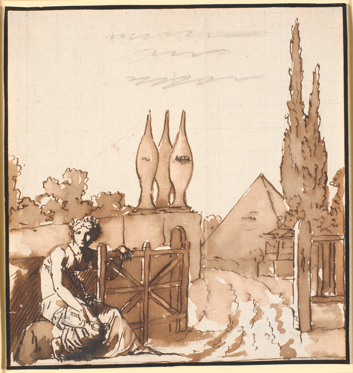 O objetivo do curso de vida. Desenho alegórico. Uma mulher abre a articulação para um cemitério com metae e pirâmide de Nicolai Abildgaard