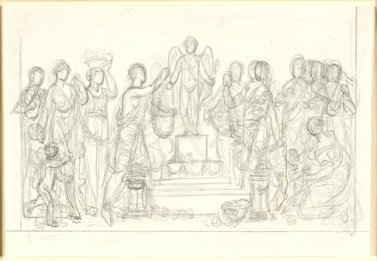 Sacrifício ao Cupido. O Cupido alado em um pedestal, cercado por inúmeras figuras de Nicolai Abildgaard