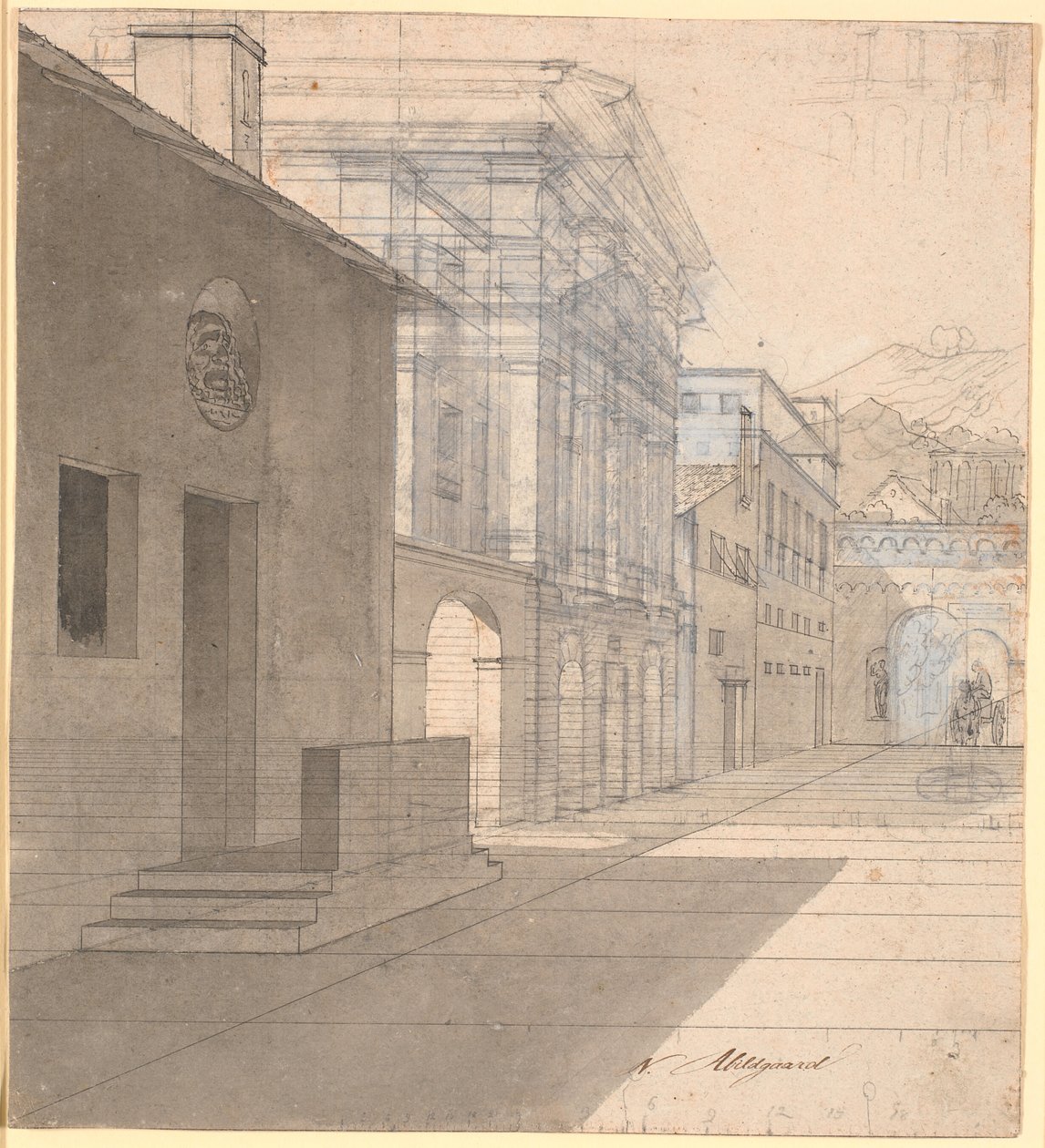 Estudo em perspectiva da arquitetura na imagem da parteira saindo da casa de Androspigen de Nicolai Abildgaard