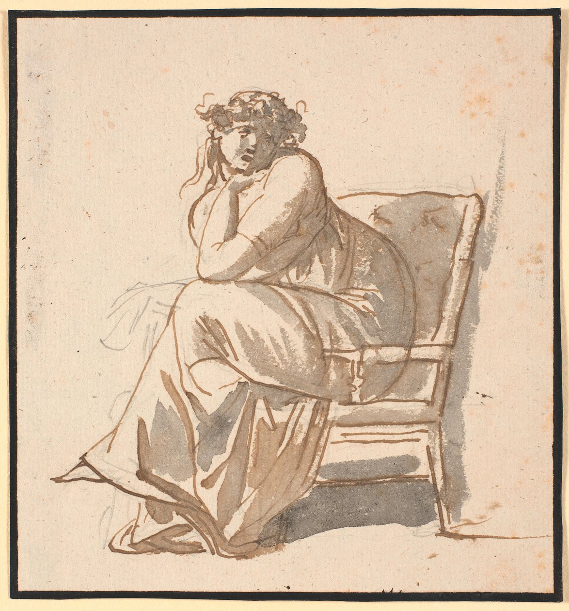 Foto de perfil da segunda esposa do artista Juliane Marie Abildgaard b. Ottesen, grávida, sentada em uma poltrona com o queixo apoiado na mão e o cotovelo no joelho de Nicolai Abildgaard