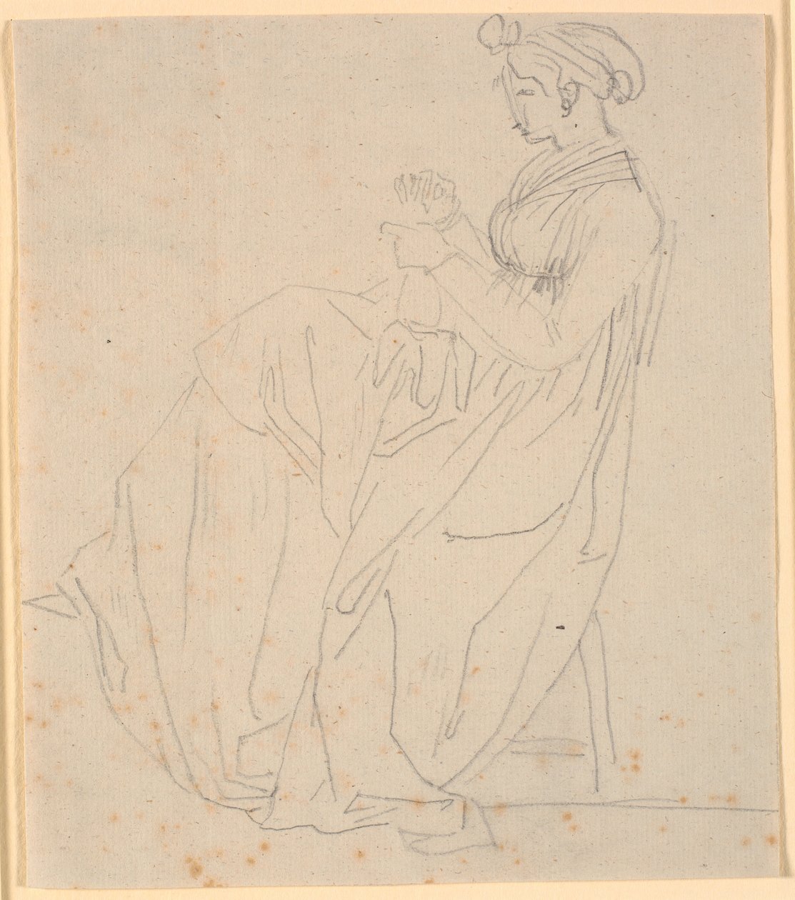 Foto de perfil da segunda esposa do artista Juliane Marie Abildgaard née Ottesen, sentada com roupas de costura, figura completa de Nicolai Abildgaard