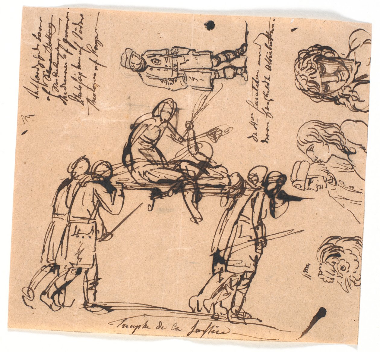 O triunfo da justiça. Quatro homens armados carregam uma maca, com uma figura estendida e outra sentada de Nicolai Abildgaard