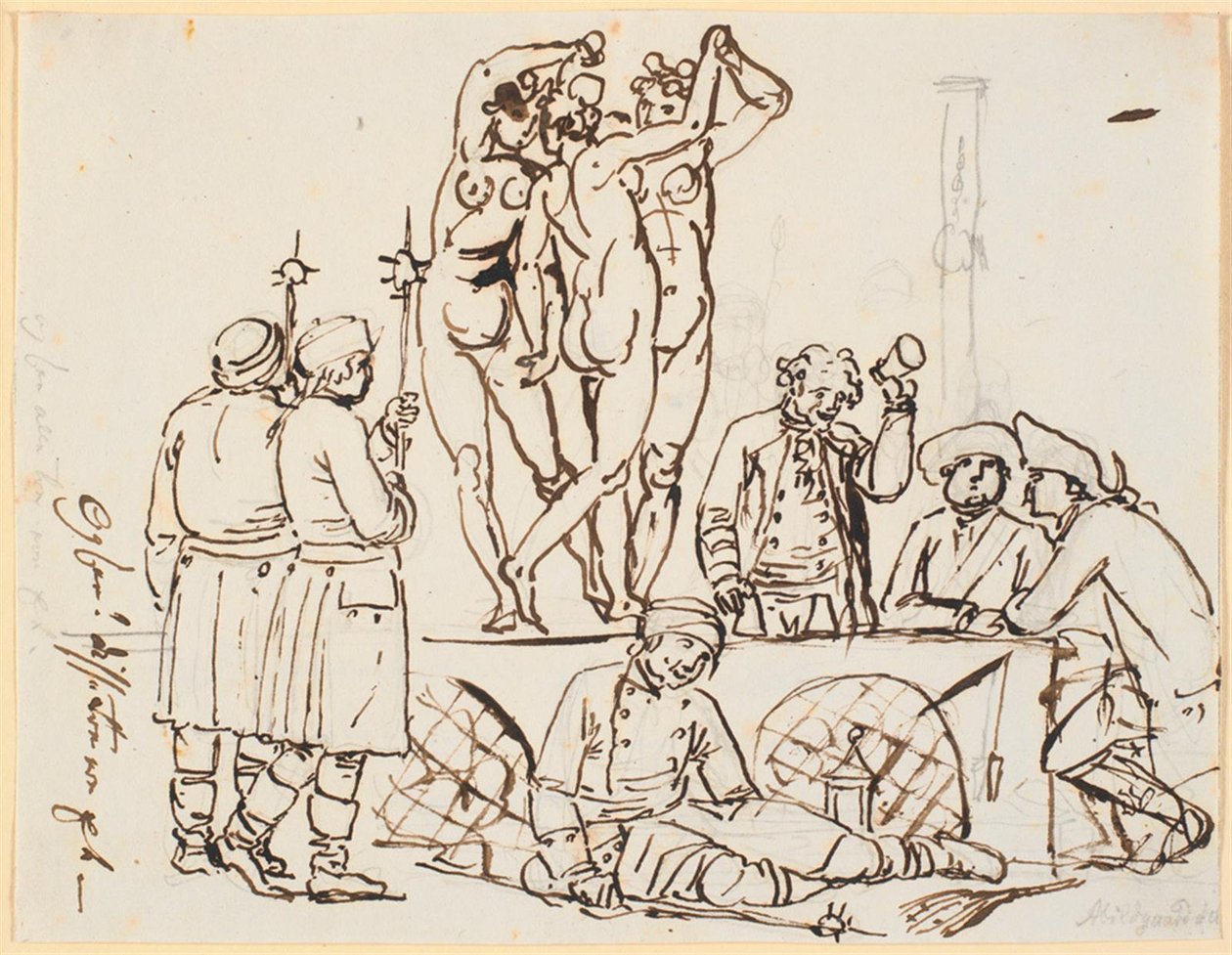 Sátira sobre o fato de a polícia e a loteria terem alojamento em Charlottenborg junto com a Academia de Artes. Pessoas da loteria e guardas são vistos juntos com as três graças de Nicolai Abildgaard