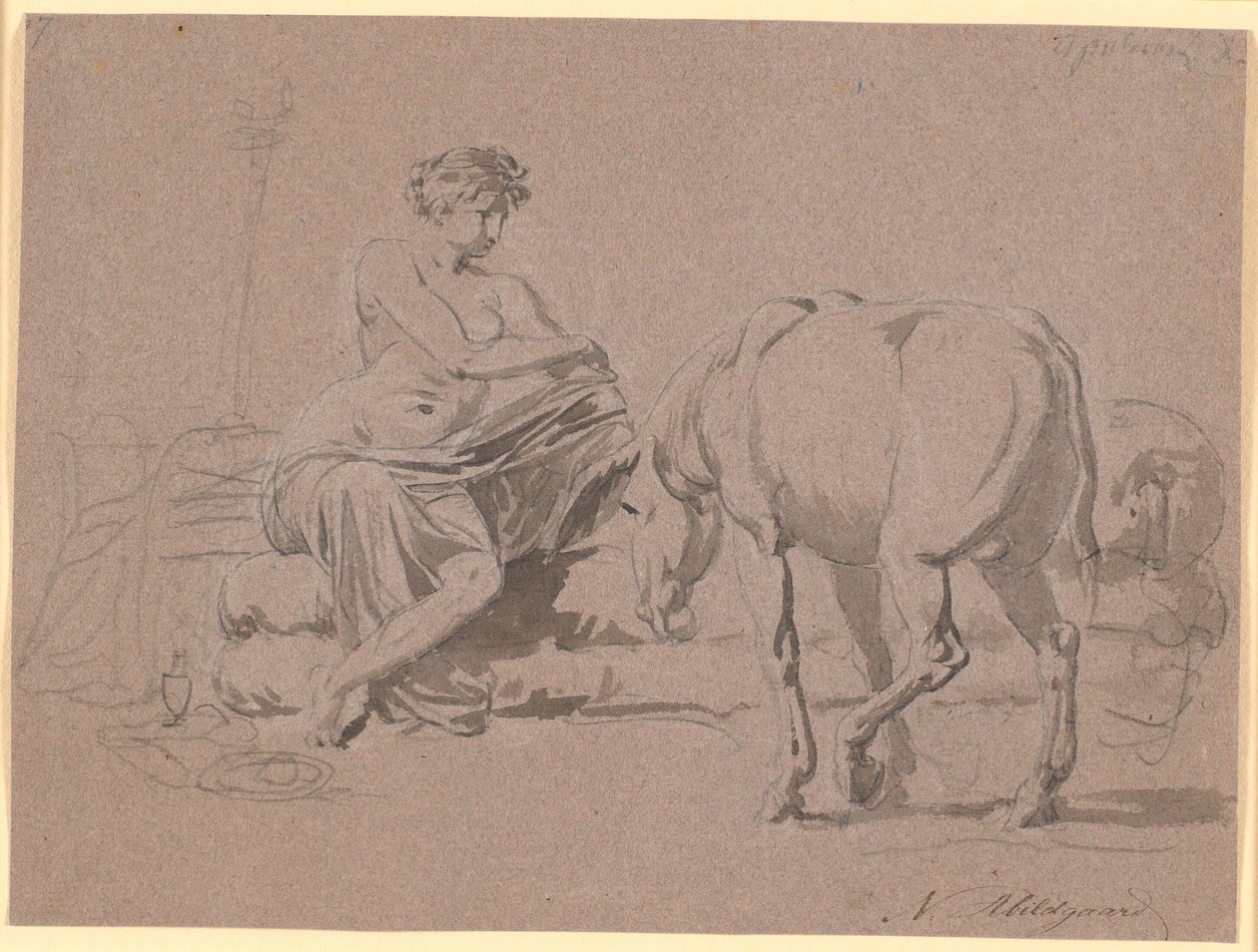 Cena do livro 10 de "O Asno de Ouro" de Apuleio. A jovem se despe, à direita está o burro de Nicolai Abildgaard