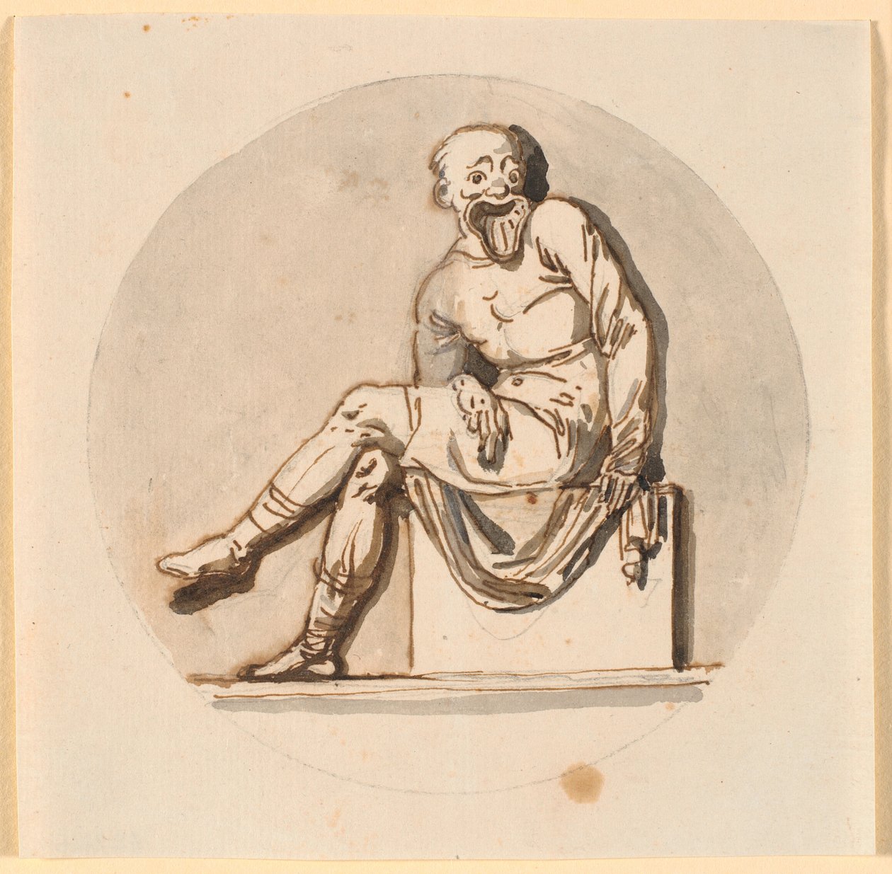 Figura de máscara sentada, emoldurada circularmente. Rascunho para decoração na casa de chá no parque Sorgenfri de Nicolai Abildgaard
