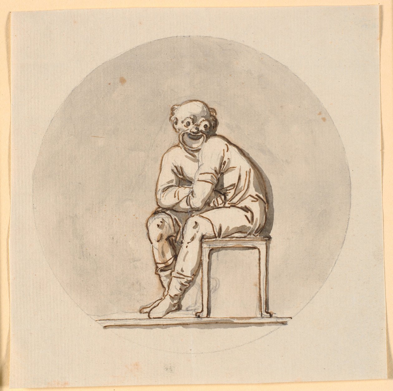 Figura de máscara sentada, emoldurada circularmente. Rascunho para decoração na casa de chá no parque Sorgenfri de Nicolai Abildgaard