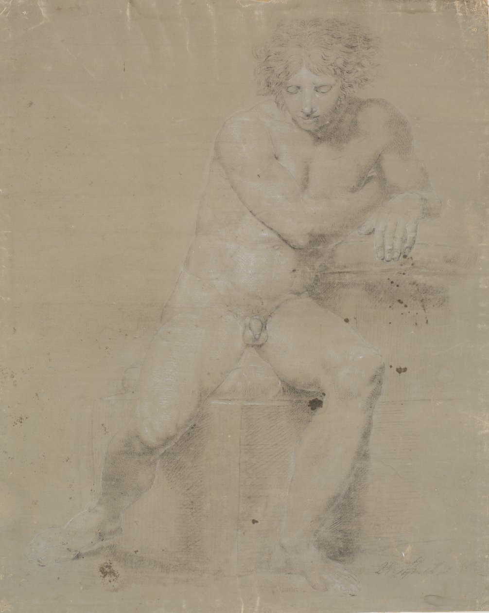 Modelo sentado em pedestal com almofada. Vista frontal. Mão direita sob a axila esquerda de Nicolai Abildgaard