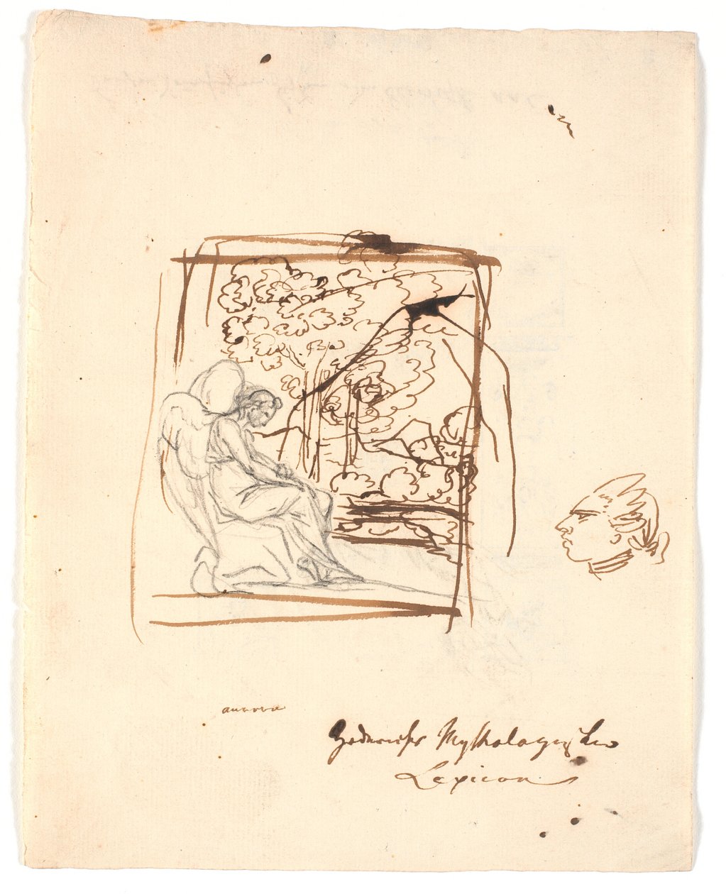 Gênio de asa sentado, nas árvores ao fundo; do lado direito uma cabeça caricaturada de Nicolai Abildgaard