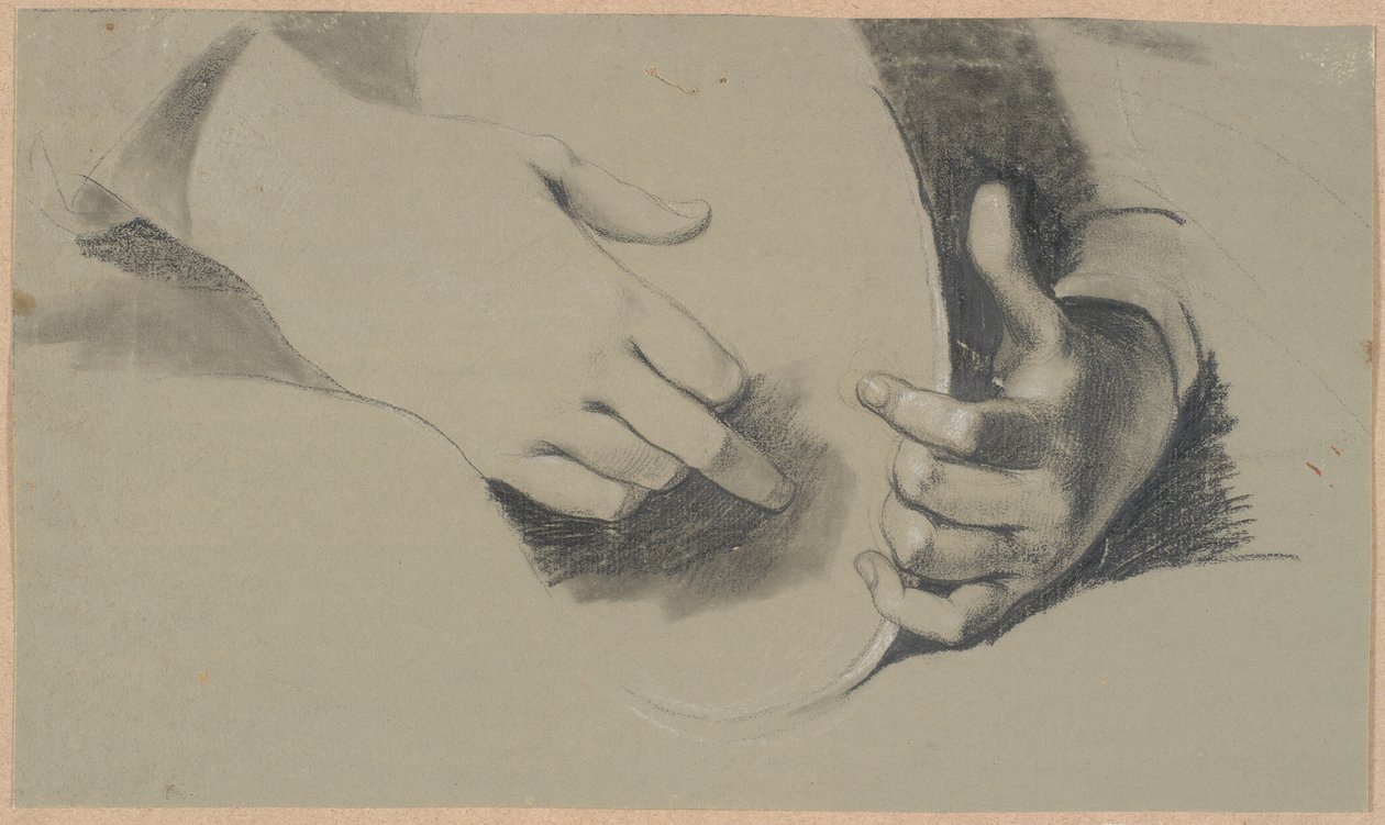 Estudo de duas mãos segurando um objeto oval (um espelho ou uma coroa?) de Nicolai Abildgaard