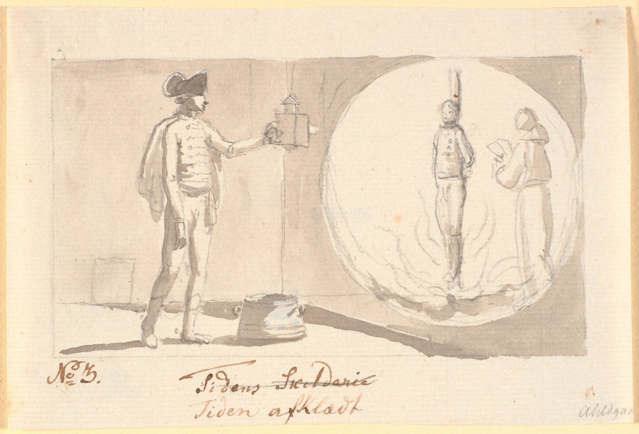 Tempo despido. Um oficial hussardo com uma laterna magica mostra uma imagem de um pecador na pira e ao lado de um monge recitando orações de Nicolai Abildgaard