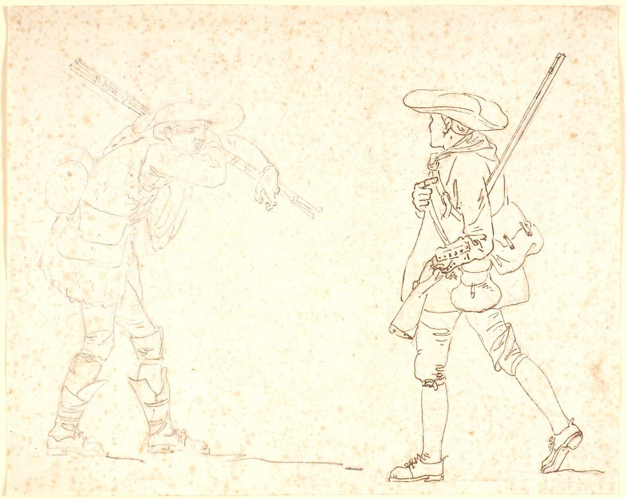 Duas figuras masculinas ambulantes, uma vestida de caçador, a outra carregando um feixe de varas de Nicolai Abildgaard