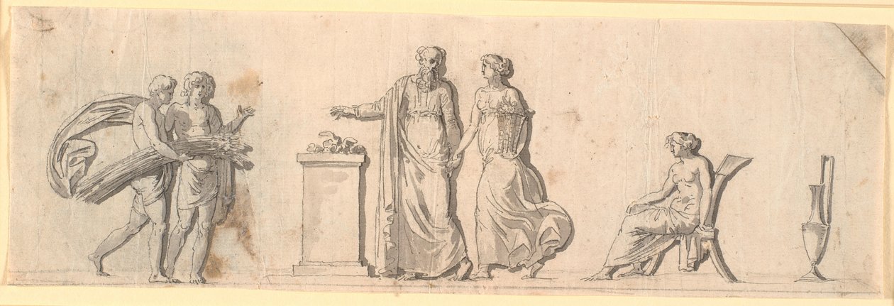 Esboço para decoração de um campo, presumivelmente um painel de madeira pintado sobre um móvel. Figuras antigas com cestas de flores e neg em um altar de Nicolai Abildgaard