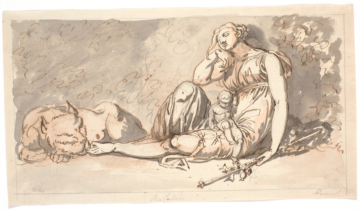 Rascunho para peça de porta. O Sono, uma figura feminina reclinada com uma criança pequena e à sua direita um leão de Nicolai Abildgaard