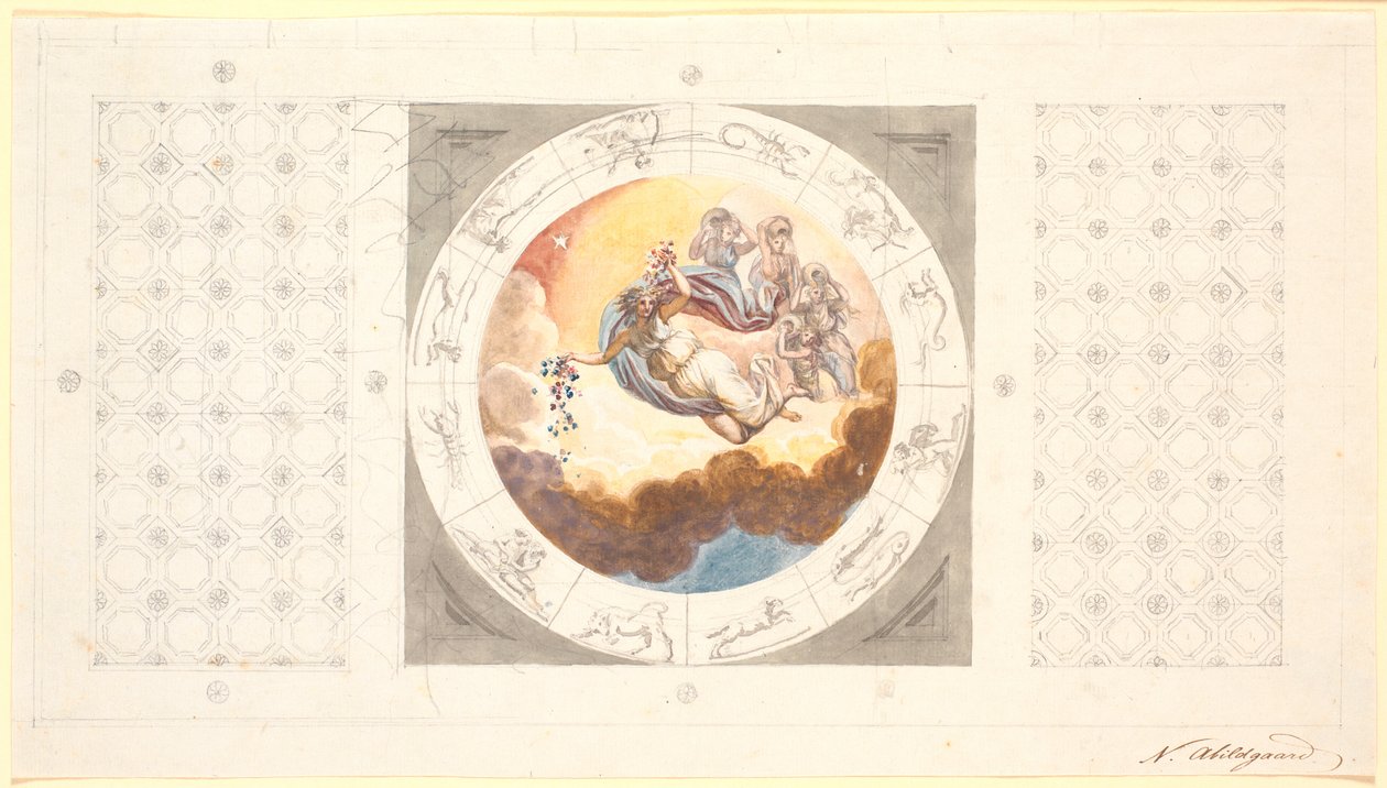 Projeto de decoração de teto com cassetes e no centro uma imagem circular com a manhã espalhando flores de Nicolai Abildgaard