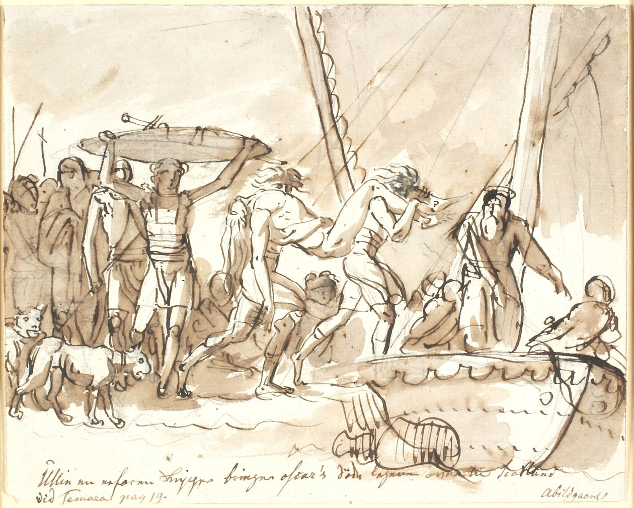 Ullin traz o cadáver de Oscar para a Escócia. Poemas de Ossian, Temora I de Nicolai Abildgaard