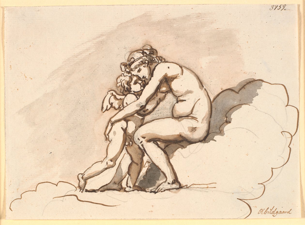 Vênus, sentado nas nuvens, abraça Cupido de Nicolai Abildgaard