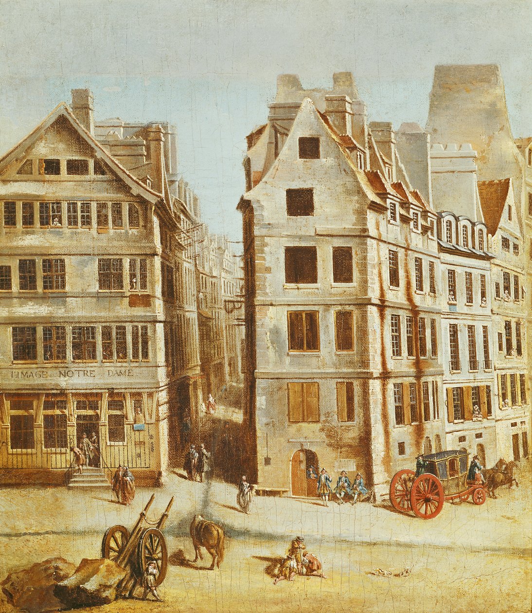 O Cabaret tem a imagem de Nossa Senhora, na Place de Greve, na abertura da Rue de la Mortellerie, 1751 de Nicolas Raguenet