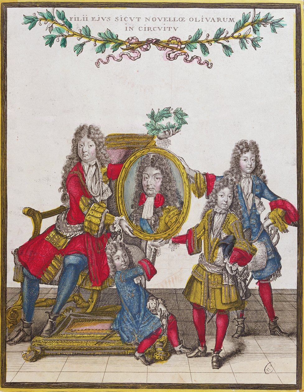 A família real francesa segurando um retrato de Luís xiv, final do século XVII (gravura a cores) de Nicolas Arnoult