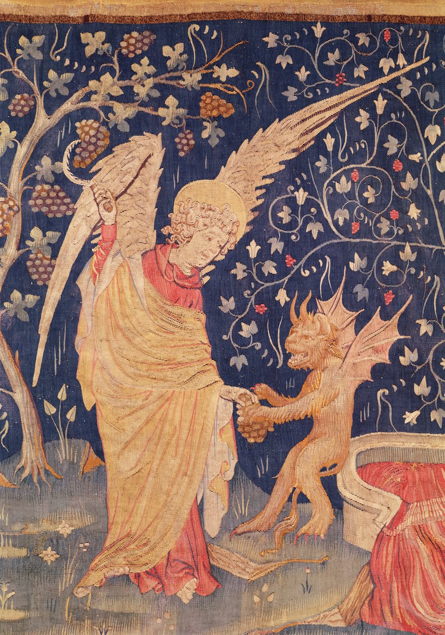 Anjo com um cacho de uvas e um demônio, detalhe da tapeçaria de Apocalypse de Angers, 1373-87 (tapeçaria) de Nicolas Bataille