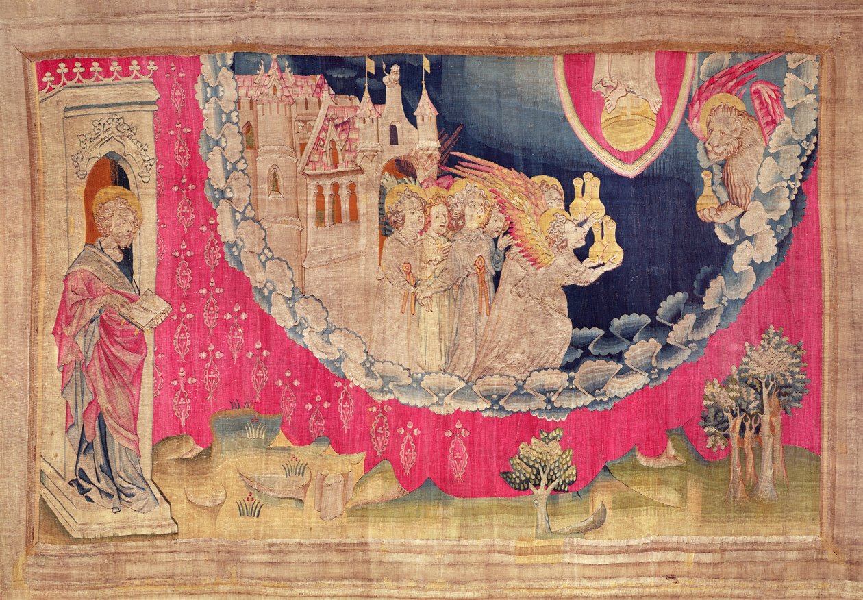 Anjos, da tapeçaria de Apocalypse de Angers, 1373-87 (tapeçaria) de Nicolas Bataille