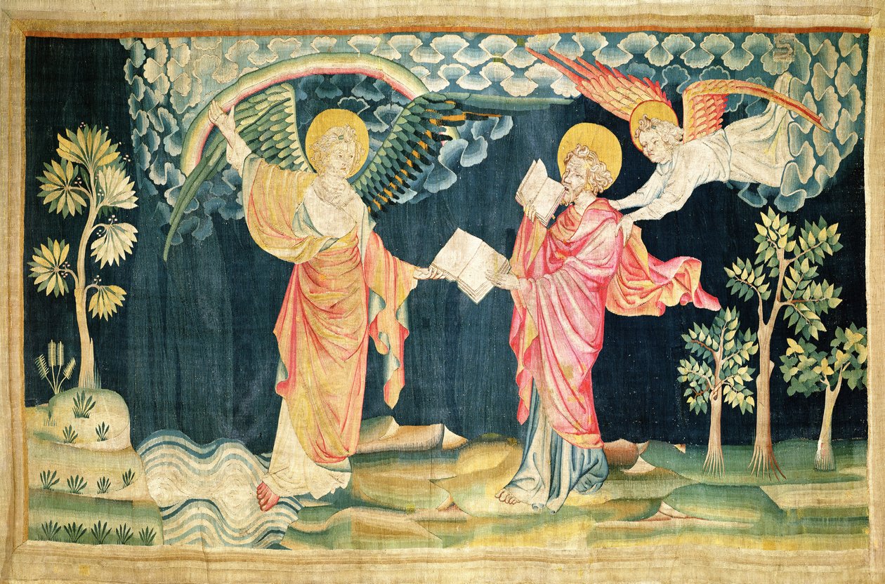 São João Comendo o Livro, não. 28 de "O Apocalipse de Angers", 1373-87 (tapeçaria) de Nicolas Bataille