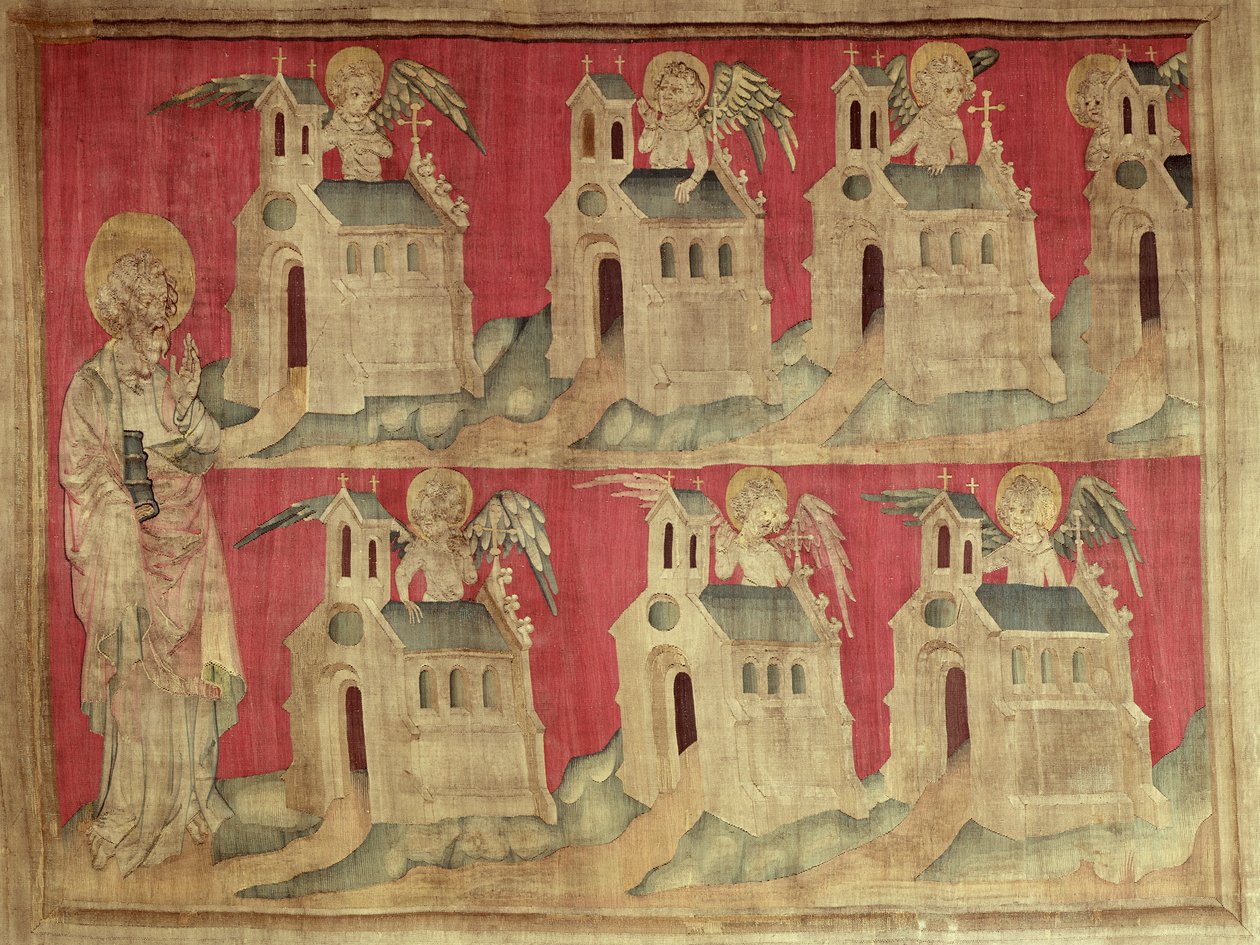 São João e as Sete Igrejas da Ásia, no.2 de &39;O Apocalipse de Angers&39;, 1373-87 (tapeçaria) de Nicolas Bataille