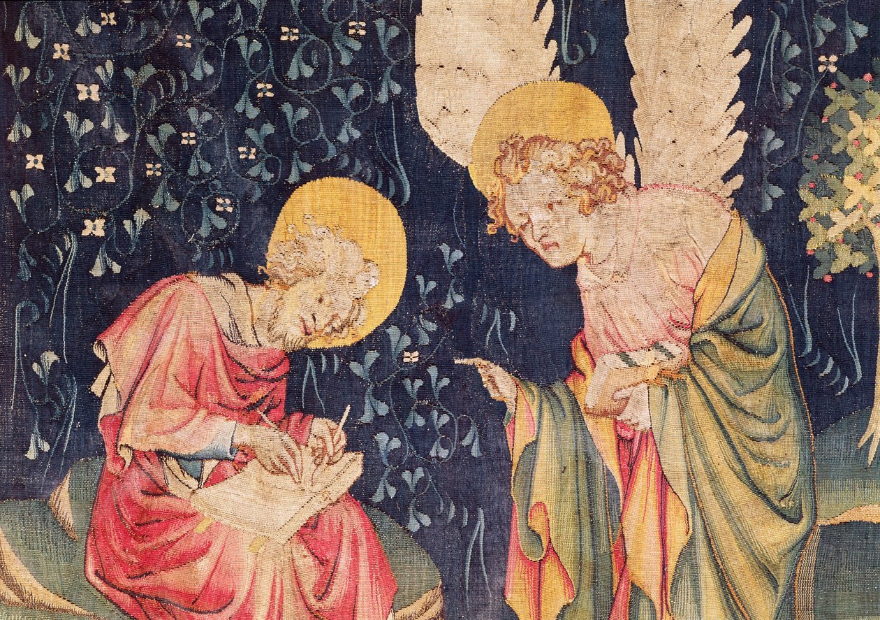 São João com um anjo, detalhe de no. 70 de O Apocalipse de Angers, 1373-87 tapeçaria de Nicolas Bataille
