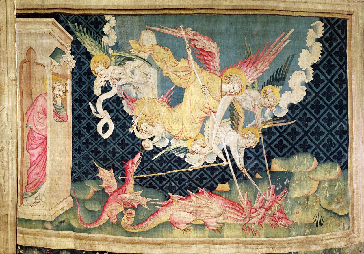 São Miguel e seus anjos lutando contra o dragão, nº 36 de "O Apocalipse de Angers", 1373-87 (tapeçaria) de Nicolas Bataille