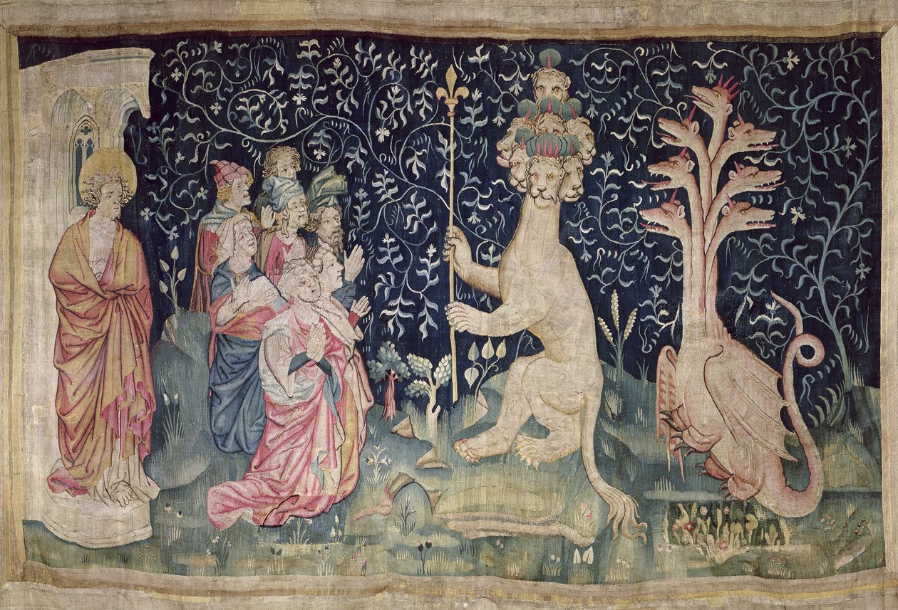 A Adoração da Besta, nº 42 de &39;O Apocalipse de Angers&39;, 1373-87 (tapeçaria) de Nicolas Bataille